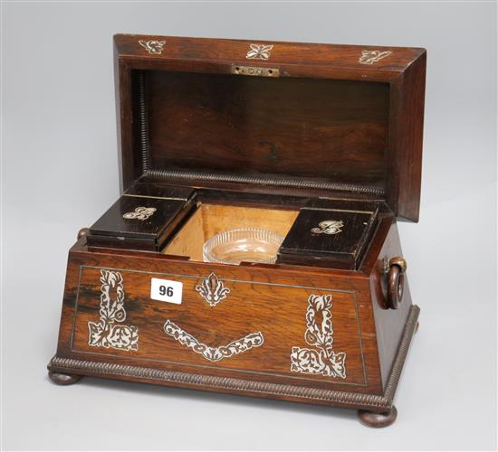 A mother of pearl inlaid tea caddy 36cm wide x 22cm high